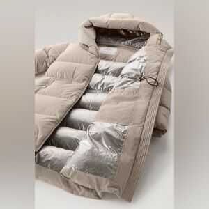 Woolrich Light Taupe Long Down Parka in Stretch Nylon with Detachable Hood